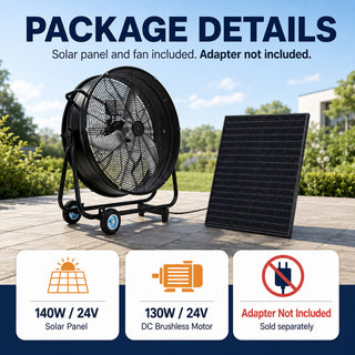 24"/30" Wheeled Solar Ventilation Fan with 140W Adjustable Monocrystalline Panel, 130W DC Brushless Motor & 3-Speed Remote for Warehouse & Workshop
