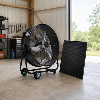 24"/30" Wheeled Solar Ventilation Fan with 140W Adjustable Monocrystalline Panel, 130W DC Brushless Motor & 3-Speed Remote for Warehouse & Workshop