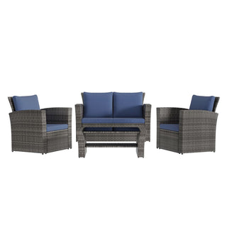 4 Piece Outdoor Patio Furniture Set, Outdoor Sectional Sofa with Tempered Glass Coffee Table and Cushions