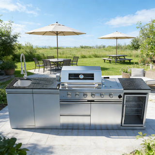 46" Outdoor Kitchen Island with 4-Burner 72,000 BTU Grill, Fridge, Rotisserie & Granite Countertops