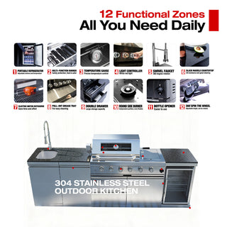 46" Outdoor Kitchen Island with 4-Burner 72,000 BTU Grill, Fridge, Rotisserie & Granite Countertops