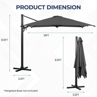 10 Ft Square Large Cantilever Patio Umbrella with 360° Rotation & Tit Adjustment and Heavy Duty Offset Polyester Canopy Deck Umbrella without base