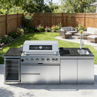 43" Outdoor Kitchen Island with 6-Burner 85,000 BTU Grill, Fridge, Rotisserie & Granite Countertops