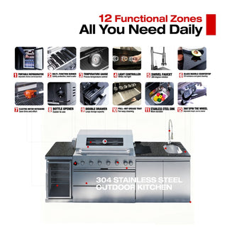 43" Outdoor Kitchen Island with 6-Burner 85,000 BTU Grill, Fridge, Rotisserie & Granite Countertops