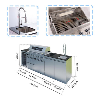 43" Outdoor Kitchen Island with 6-Burner 85,000 BTU Grill, Fridge, Rotisserie & Granite Countertops