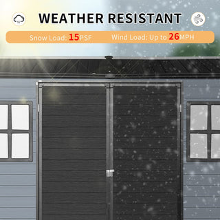 8x4ft Outdoor Resin Garden Shed with Floor and 2 Windows, Plastic Patio Outdoor Storage Shed with Lockable Door for Garden Tools, Bicycles, Trash Cans, Gray+Black