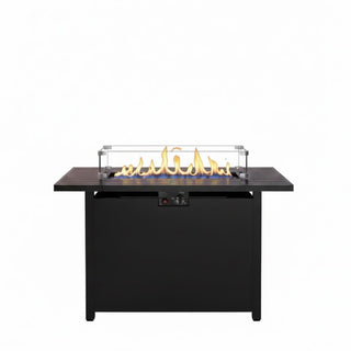 43”Width Outdoor 2-in1 Black Gas Fire Pit Table with Lid & Glass Shield, 50000 BTU CSA Certified Propane Gas Fire Pit, Rectangular Fire Table w/Stainless Burner, Lava Rock, Waterproof Cover