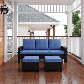 3-Piece Wicker Patio Sofa Set with 3-Seat Couch and 2 Ottomans, Outdoor PE Rattan Furniture with Waterproof Fade-Resistant Cushions & High-Density Foam