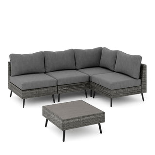 5 Pieces All-Weather PE Wicker Outdoor Sectional Sofa Set, Rattan Patio Conversation Set with Thick Cushions and Coffee Table