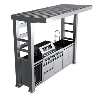 110-Inch 4-Burner 72000 BTU Deluxe Stainless Steel Gas Outdoor Kitchen Bar Barbecue Island Grill + Wine Cooler Compact Refrigerator + Rotisserie + Granite Countertops + Storage Cabinets & Drawers
