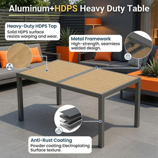59-Inch Outdoor Patio Dining Table, Gray Aluminum Frame with HDPE Slatted Top