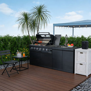 46" Outdoor Kitchen Island with 4-Burner 72,000 BTU Grill, Side Burner, Sink, Rotisserie & Granite Countertop