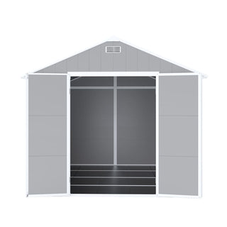 8X8 FT resin storage shed, high quality pp material, strong structure, waterproof, rust and UV proof, large storage space, 12mm thick pp board, HD window lighting