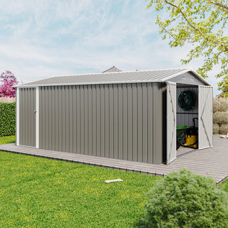 Outdoor Storage Shed 10×14 FT with 3 Lockable Doors,4 Air Vents & Sloped Roof,Utility Tool Shed Metal Storage Garden Sheds Frame and 4 Vents,for Backyard,Patio,Lawn,Light Gre
