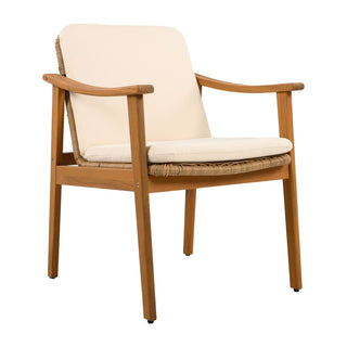 Outdoor Dining Chairs Set of 2, Teak Color Acacia Wood Frame, Brown PE Wicker, Grey Waterproof Cushion