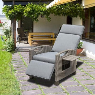 Outdoor Wicker Reclining Chair with Push-Back Backrest, Flip-Up Side Table & Thick Cushions for Patio & Backyard