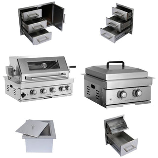 32-Inch Built-In Outdoor Kitchen LPG Gas Grill, 60,000 BTU Stainless Steel 4-Burner with Infrared Rear Burner, Drawer & Door Combo, Ice Box & BBQ Tool Set
