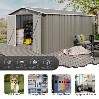 Outdoor Storage Shed 10×14 FT with 3 Lockable Doors,4 Air Vents & Sloped Roof,Utility Tool Shed Metal Storage Garden Sheds Frame and 4 Vents,for Backyard,Patio,Lawn,Light Gre