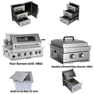 32-Inch Built-In Outdoor Kitchen LPG Gas Grill, 60,000 BTU Stainless Steel 4-Burner with Infrared Rear Burner, Drawer & Door Combo, Ice Box & BBQ Tool Set
