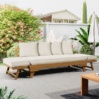 Outdoor Patio Daybed Sofa, 3-Seat Sofa with Foldable Arm 4 Back Pillows, Teak Acacia Wood Frame Beige Removable Cushion