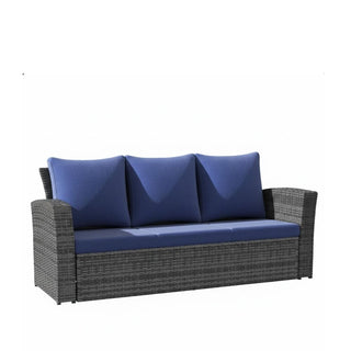 67.7" All-Weather Wicker 3-Seat Patio Sofa with Thick Blue/Biege/Gray/Black Cushions & Black Frame
