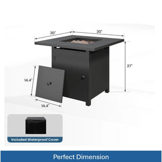 30”Width Outdoor 2-in1 Black Rattan Look Fireplace Table, 50000 BTU CSA Certified Propane Square Gas Fire Pit Table with Stainless Burner, Lid, Lava Rocks and Waterproof Cover