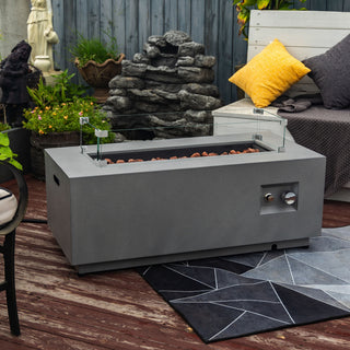 42" Propane Gas Fire Pit Table 2-Pieces, 50000 BTU Rectangular Steel Fire Pit with Glass Wind Guard for Outside Patio Deck Garden Courtyard -Light Gray