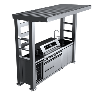 108" Outdoor Kitchen Island with 6-Burner 85,000 BTU Grill, Fridge, Rotisserie & Granite Countertops