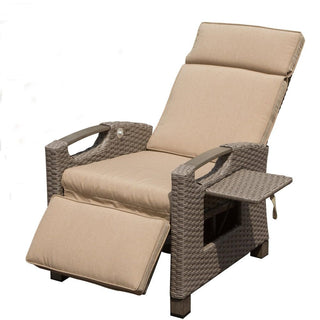 Outdoor Wicker Reclining Chair with Push-Back Backrest, Flip-Up Side Table & Thick Cushions for Patio & Backyard