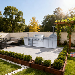 Outdoor Kitchen Island with 120,000 BTU Double Grill, Pizza Oven, Fridge, Rotisserie & Granite Countertops