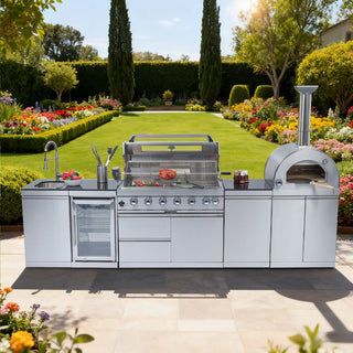Outdoor Kitchen Island with 120,000 BTU Double Grill, Pizza Oven, Fridge, Rotisserie & Granite Countertops
