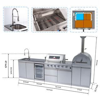 Outdoor Kitchen Island with 120,000 BTU Double Grill, Pizza Oven, Fridge, Rotisserie & Granite Countertops