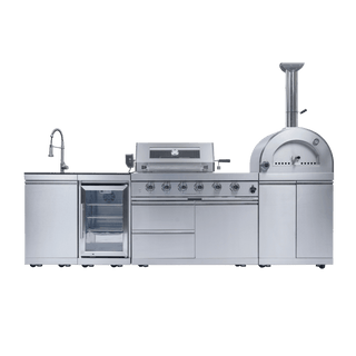 Outdoor Kitchen Island with 120,000 BTU Double Grill, Pizza Oven, Fridge, Rotisserie & Granite Countertops