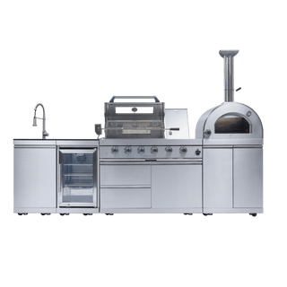 Outdoor Kitchen Island with 120,000 BTU Double Grill, Pizza Oven, Fridge, Rotisserie & Granite Countertops