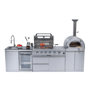 Outdoor Kitchen Island with 120,000 BTU Double Grill, Pizza Oven, Fridge, Rotisserie & Granite Countertops