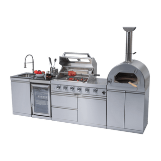 Outdoor Kitchen Island with 120,000 BTU Double Grill, Pizza Oven, Fridge, Rotisserie & Granite Countertops
