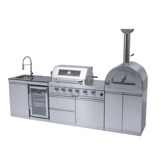 Outdoor Kitchen Island with 120,000 BTU Double Grill, Pizza Oven, Fridge, Rotisserie & Granite Countertops