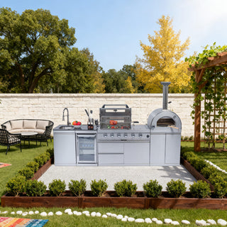 Outdoor Kitchen Island with 120,000 BTU Double Grill, Pizza Oven, Fridge, Rotisserie & Granite Countertops