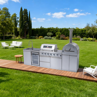 Outdoor Kitchen Island with 120,000 BTU Double Grill, Pizza Oven, Fridge, Rotisserie & Granite Countertops