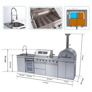 Outdoor Kitchen Island with 120,000 BTU Double Grill, Pizza Oven, Fridge, Rotisserie & Granite Countertops
