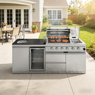 85-Inch 4-Burner 72000 BTU Outdoor Kitchen Island Grill | Stainless Steel BBQ with Sink, Wine Cooler, Rotisserie & Granite Countertop