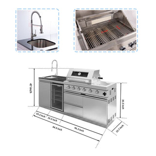 85-Inch 4-Burner 72000 BTU Outdoor Kitchen Island Grill | Stainless Steel BBQ with Sink, Wine Cooler, Rotisserie & Granite Countertop