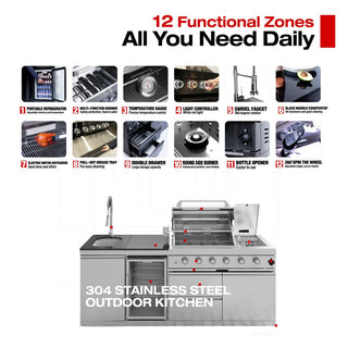 85-Inch 4-Burner 72000 BTU Outdoor Kitchen Island Grill | Stainless Steel BBQ with Sink, Wine Cooler, Rotisserie & Granite Countertop