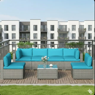 7-Piece All-Weather Gray Wicker Couch Patio Set with Removable Light Blue Cushions and Glass Coffee Table for Patio, Poolside & Backyard