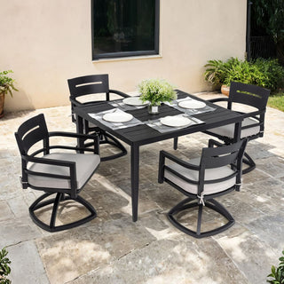 Modern 5-Piece Outdoor Aluminum Dining Set with Sunbrella Cushions – Square Patio Table with Umbrella Hole