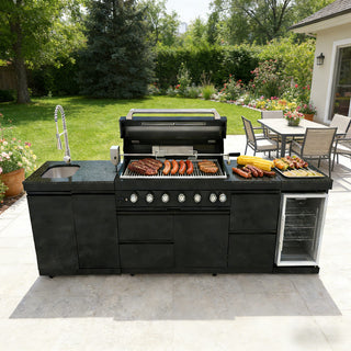 43-Inch 6-Burner 85000 BTU Outdoor Kitchen Island Grill | Stainless Steel BBQ with Sink, Wine Cooler, Rotisserie & Granite Countertop