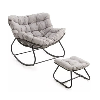 Dark Gray/Light Gray/Green Egg Rocking Chair with Ottoman, All-Weather Wicker Lounge & Cushions