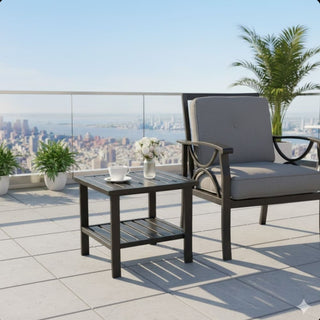 19" Square Black/Brown Metal Outdoor Side Table, 2-Tier All-Weather Patio End Table