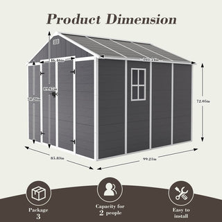 8X8 FT resin storage shed, high quality pp material with Lockable Door, strong structure, waterproof, rust and UV proof, large storage space, 12mm thick pp board, HD window lighting