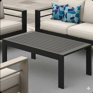 43" x 24" All-Weather Metal Outdoor Coffee Table with Wood-Look Top and Khaki/Black Frame